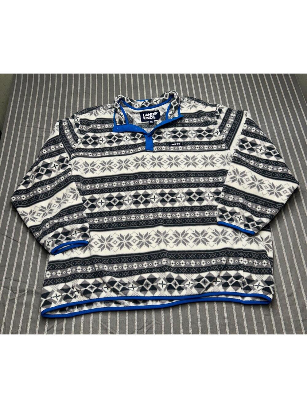 Lands End Mens 4XL Gray Blue Fair Isle Snowflake Fleece Snap Neck Pullover